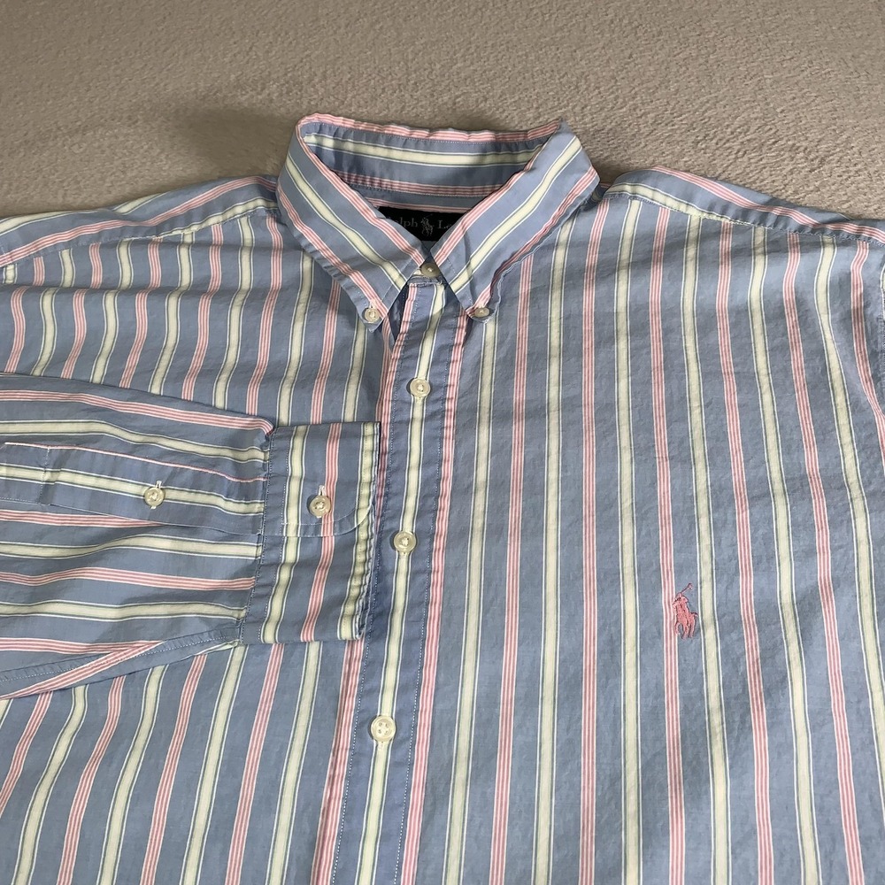 Ralph Lauren Shirt Mens XLT Tall Blue Pink Striped Long Sleeve Easter Pastel